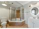Bathroom featuring tiled corner shower, tiled floors, and vanity at 3292 Holly Mill Ct, Marietta, GA 30062