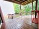 This cozy outdoor deck has wood flooring and a stained wood railing overlooking the yard at 2921 Royston Dr, Duluth, GA 30097