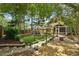 Secluded backyard with a stone water feature, fire pit, and lush greenery, plus a screened porch at 518 Hill St Se, Atlanta, GA 30312