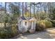 Charming outdoor shed surrounded by lush landscaping and mature trees at 5269 Wyntercreek Dr, Atlanta, GA 30338