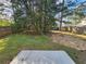 A view of the backyard with a combination of grass and mulch surrounded by a wooden fence and mature trees at 6406 Laurel Post Dr, Lithonia, GA 30058