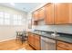 Efficient kitchen with wooden cabinets, stainless steel dishwasher and view to adjacent eating area at 1015 Piedmont Ne Ave # A2, Atlanta, GA 30309