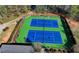 Aerial view of two blue and green outdoor tennis courts ready for play at 4852 Jacobs Cove Pt, Buford, GA 30519