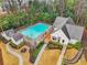 An aerial view of a community pool, clubhouse, surrounding landscape and walking path at 1198 Olmsted Park Rd, Decatur, GA 30033