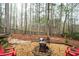 Backyard featuring a stone fire pit and bench surrounded by mature trees at 4057 Watkins Glen Dr, Woodstock, GA 30189