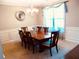 Elegant dining room with a large window, chandelier, and wainscoting at 1980 Beyers Landing Dr, Buford, GA 30519