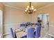 Formal dining room featuring a chandelier, decorative wainscoting and views to the kitchen at 1312 Woodland View Rd, Lawrenceville, GA 30043