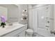 Bathroom features white vanity, mirror and a tub with white shower curtain at 1165 Millennium Park Rd, Decatur, GA 30033