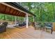 Relaxing covered wooden deck with ceiling fan, comfortable seating, and wooded view at 950 Ivy St, Cumming, GA 30041