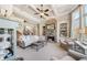 Elegant living room featuring coffered ceilings, stone fireplace, built-in shelving, and large windows at 3149 Hidden Falls Ne Dr, Buford, GA 30519