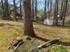 A backyard featuring mature trees, with scattered debris and a shed at 2943 E Howell Dr, Lawrenceville, GA 30044