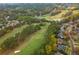 Stunning aerial view of golf course and neighborhood with mature trees and lush landscaping at 1100 Muirfield Ct, Alpharetta, GA 30005
