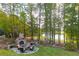 An outdoor stone fireplace with seating area provides a cozy spot for relaxing and enjoying the serene view of the lake at 1100 Muirfield Ct, Alpharetta, GA 30005