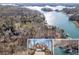 Stunning aerial view of lakefront property featuring lush greenery and private boat docks at 7725 Bold Springs Xing, Cumming, GA 30041