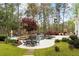 Lush backyard oasis with a sparkling pool, outdoor dining area, and manicured gardens and mature trees at 12680 Old Surrey Pl, Roswell, GA 30075