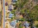 Aerial view of the property showcasing the .63 acre lot, mature trees, and nearby pool at 2025 Fairway Crossing Dr, Woodstock, GA 30188