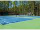 Community tennis court with blue surface and green border, surrounded by trees and benches at 1030 Blankets Creek Dr, Canton, GA 30114