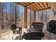 Covered patio featuring brick pillars, black metal railing, and outdoor seating area at 600 Jardin Ct # 48, Alpharetta, GA 30022