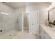 Bathroom with a large walk-in shower, white cabinets, and stylish fixtures at 520 Clover Ln, Alpharetta, GA 30009