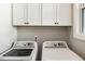 Bright laundry room featuring front load machines and white cabinets above at 520 Clover Ln, Alpharetta, GA 30009