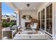 Inviting covered patio with a cozy fireplace, stylish seating, and sliding glass doors at 520 Clover Ln, Alpharetta, GA 30009
