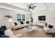 Bright living room boasts a tray ceiling, hardwood floors, modern furniture, and ample lighting at 5815 P.W.A. Dr, Cumming, GA 30041