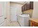 Laundry room with a washer, dryer, overhead cabinets, and a herringbone-patterned floor at 67 Narrowleaf Ln, Dallas, GA 30157