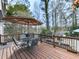 Wooden deck with a table, chairs, and an umbrella overlooking a lush backyard at 750 Maggie Nw Ct, Kennesaw, GA 30144