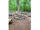Seating area near a backyard fire pit surrounded by rocks and a lush green forest at 802 Eagle Glen Xing, Woodstock, GA 30189