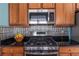 Close-up of stainless steel range and microwave with dark granite countertops and tile backsplash at 2628 White Oak Dr, Decatur, GA 30032