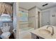 Quaint bathroom features a combination shower and tub, ample counter space, and vintage decor at 3189 Terramar Dr, Atlanta, GA 30341