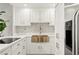 This kitchen features pristine white cabinetry, a stylish backsplash, stainless appliances, and a golden farmhouse sink at 130 26Th Nw St # 807, Atlanta, GA 30309