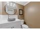Chic powder room with gray washbowl sink, marble counters, and decorative lighting at 2814 Adams Oaks Ln, Marietta, GA 30062