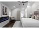 Bright bedroom features high ceilings, a decorative fireplace, and plush bedding, creating a cozy retreat at 1882 Rosewood Rd, Decatur, GA 30032
