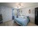 Bright bedroom with blue accents, floral wallpaper, and natural light from the window at 1354 Larson Sw Ct, Marietta, GA 30064