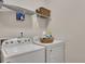 Laundry room with white washer and dryer, wire shelving, and storage for cleaning supplies at 133 Prominence Ct, Canton, GA 30114