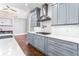 Modern kitchen features a gas cooktop and a white countertop complemented by gray cabinetry at 525 James Lee Dr, Suwanee, GA 30024