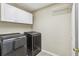 Modern laundry room with white cabinets, gray washer and dryer, and wire rack above at 173 Northshore Xing, Dallas, GA 30157