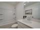 Clean bathroom featuring a shower-tub combo and white cabinets at 113 Priestwood Ln, Acworth, GA 30102