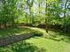 Well-maintained backyard with a stone retaining wall and mature trees offers a private and serene outdoor setting at 404 Queensbury Pl, Acworth, GA 30102