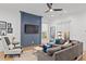 Bright living room featuring a gray sectional, a blue accent wall with a TV, and neutral decor at 273 Glenwood Se Ave # B, Atlanta, GA 30312