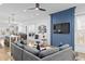 Open floor plan showcasing a living room with a gray sectional, a blue accent wall, and a view into the kitchen at 273 Glenwood Se Ave # B, Atlanta, GA 30312