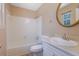 Bathroom featuring a shower/tub combo, white vanity, and decorative mirror at 1045 Forest Path, Stone Mountain, GA 30088