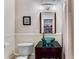 The powder room has a vessel sink, unique faucet, and wainscoting at 1109 Pine Grove Ne Ave, Brookhaven, GA 30319
