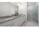 Bright bathroom featuring double vanity with granite countertop and a glass enclosed shower at 82 Rising Fawn Ln, Marietta, GA 30060