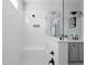 Clean and modern bathroom with a glass shower enclosure, built-in bench, and contemporary fixtures at 2736 Bell Se Dr, Smyrna, GA 30080