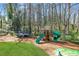 Backyard with a playset, trampoline, and lush green grass, providing entertainment and outdoor fun at 1135 Parkview Sw Way, Lilburn, GA 30047