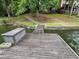 Wooden dock on the water with a stone path leading up to the landscaped yard and home above at 116 Myrtle Rd, Woodstock, GA 30189