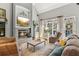 Cozy living room with a stone fireplace, comfortable seating, and abundant natural light at 5388 Frazer Rd, Buford, GA 30518
