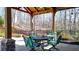 Outdoor living space with vaulted roof, stone pillars, seating area with a view of wooded area at 114 Hardwood Ln, Canton, GA 30115
